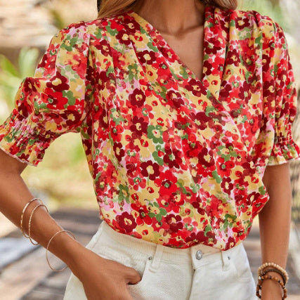 Red Floral Bubble Sleeve Pleated V Neck Wrap Blouse