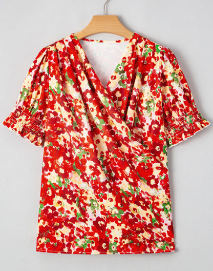 Red Floral Bubble Sleeve Pleated V Neck Wrap Blouse